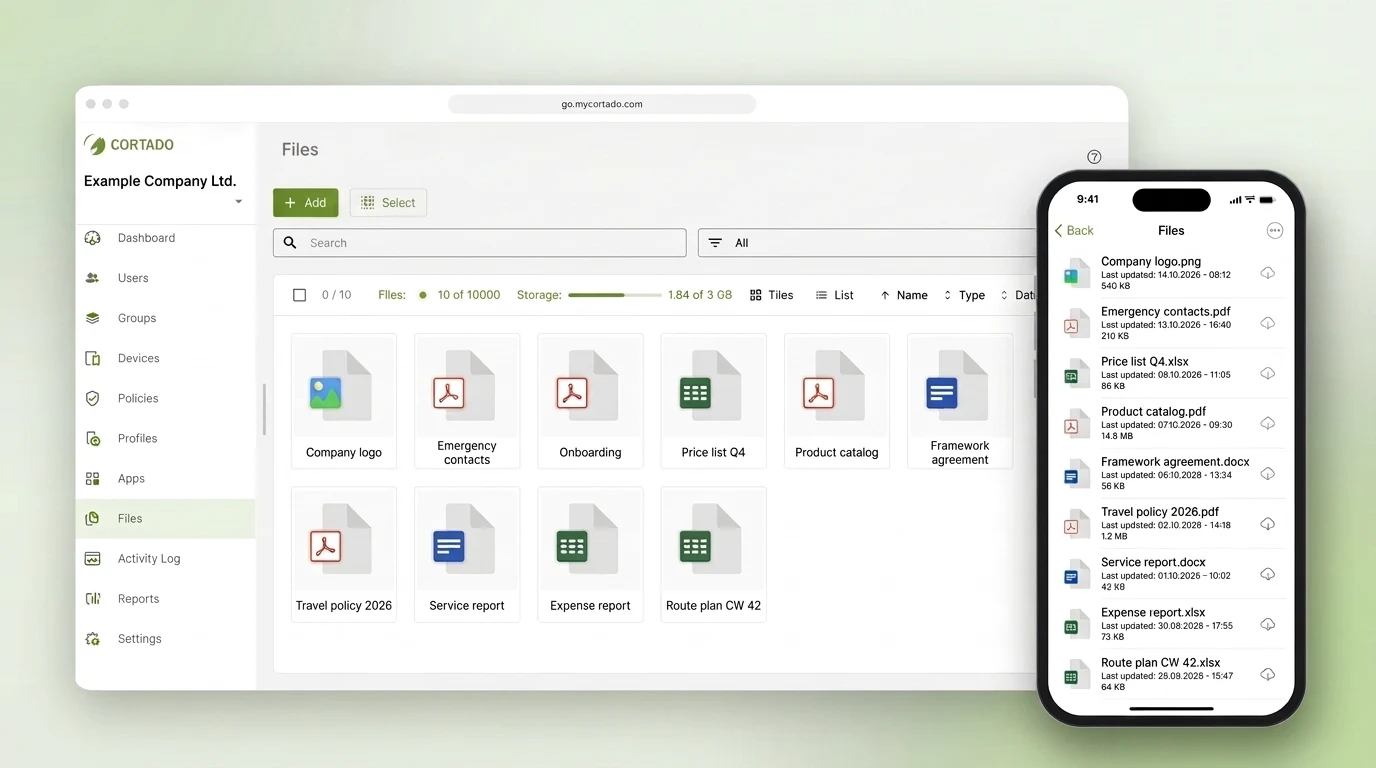 File management in the new Cortado administration portal and the Cortado app