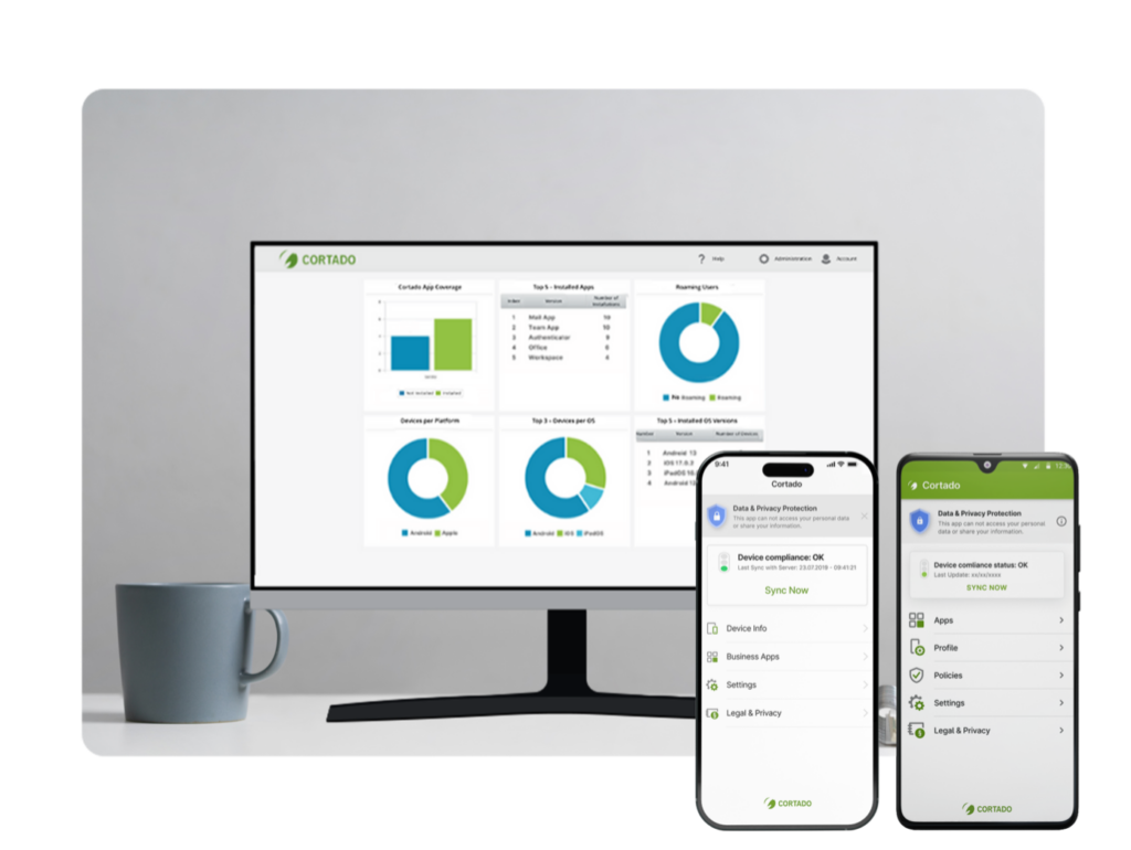 Monitor with Cortado MDM dashboard and an iPhone and Android device with the Cortado app in front.