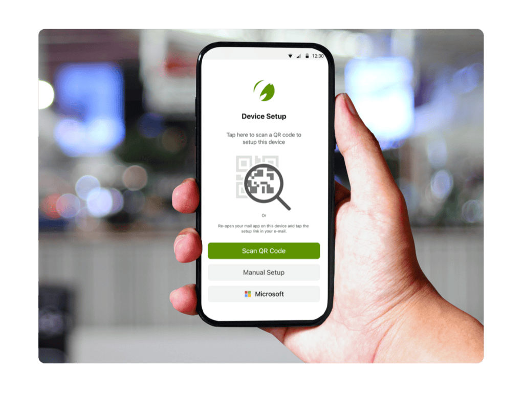 Phone with button to scan QR code for automatic setup.