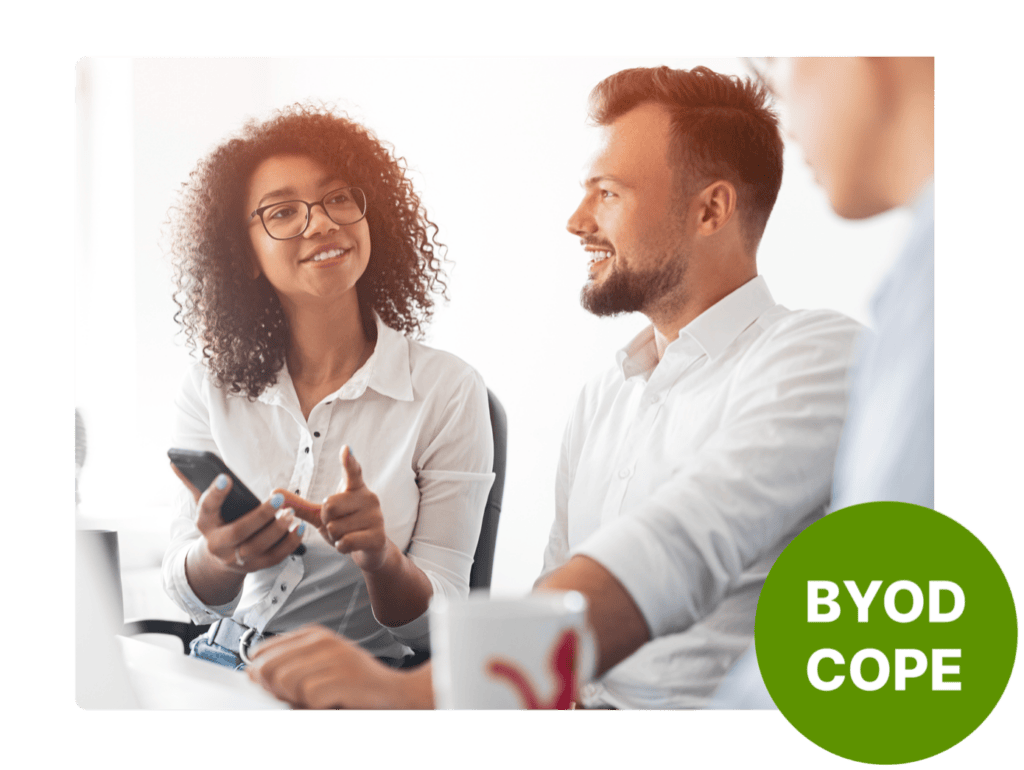 Employees at the office working with smartphone.