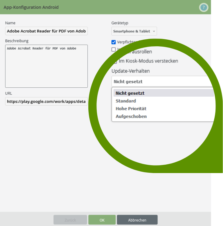 Konfiguration der Android App Update Modi im Cortado MDM Portal