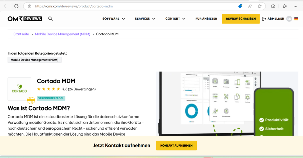 OMR Reviews Leader und Top Rated Badges für Cortado MDM