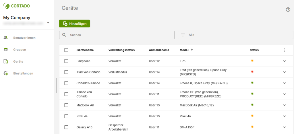 Dashboard des neuen Cortado MDM Verwaltungsportals mit Geräteübersicht