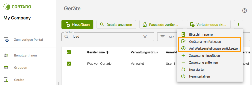 Option zum Zurücksetzen auf Werkseinstellungen im Verwaltungsportal