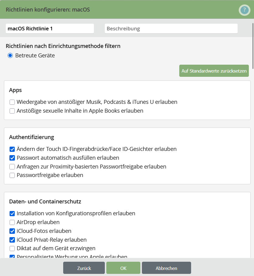 Konfiguration von Sicherheitsrichtlinien für Apple Computer im Unternehmen
