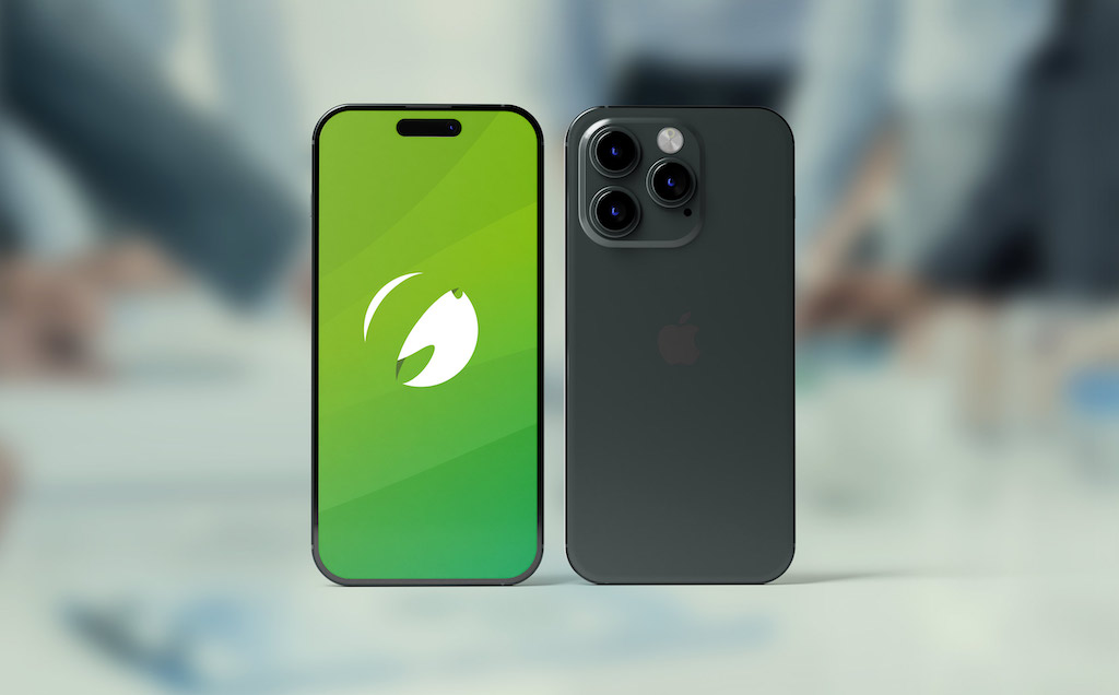 iPhone 15 showing the Cortado logo in its screen.