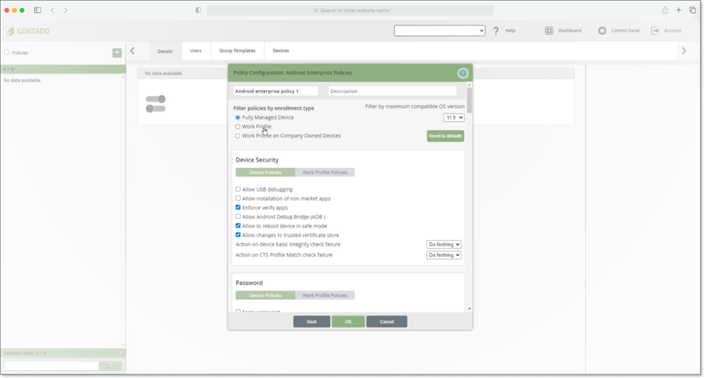 Updated Android Policy Dialog