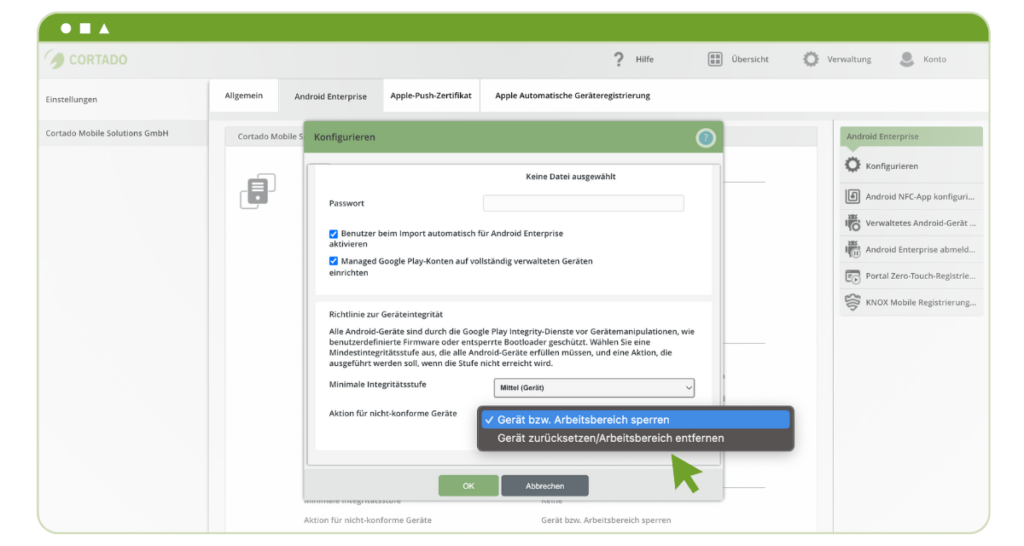 Google Play Integrity integration in the Cortado Admin Portal.