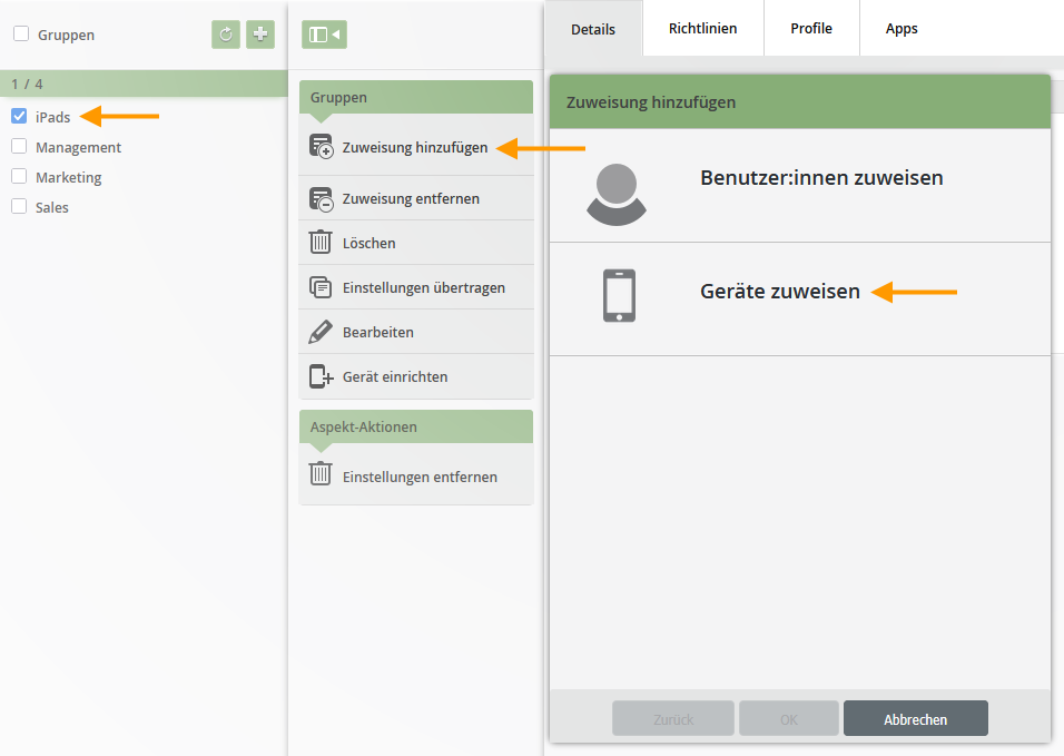Dashboard Ansicht zur Erstellung lokaler Gerätegruppen in Cortado MDM