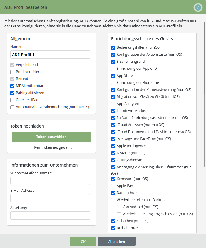 Konfigurationsmenü für Apple Ersteinrichtungsschritte in der Verwaltungskonsole