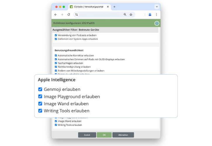 Smartphone zeigt Cortado MDM Dashboard zur Verwaltung von iOS 18 Richtlinien