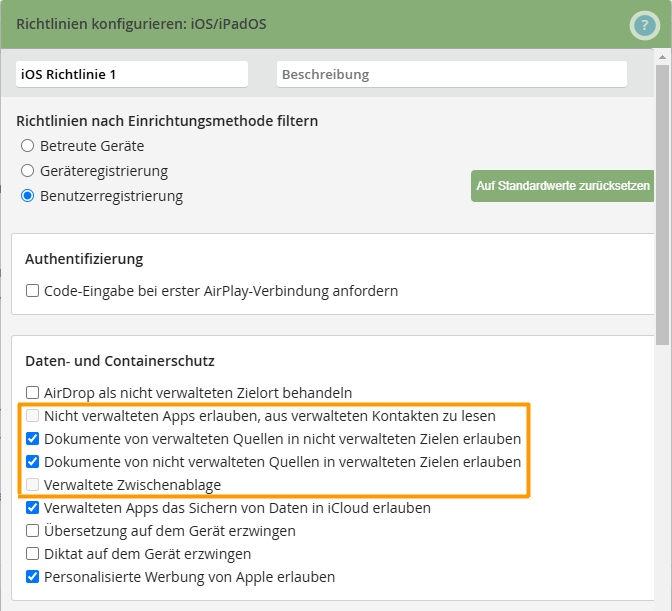 Optisch strukturierte iOS und iPadOS Richtlinien in der Verwaltungsoberfläche