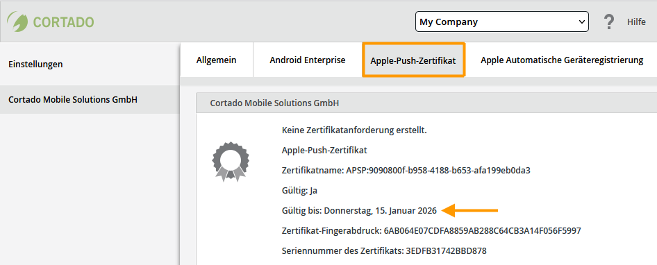 Anzeige des Gültigkeitszeitraums für Apple-Push-Zertifikate im Verwaltungsportal