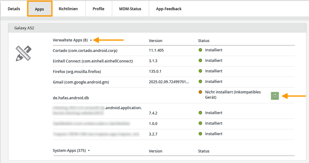 Statusanzeige der App-Installation für Android-Geräte im Verwaltungsportal