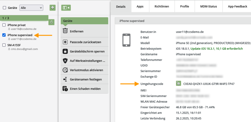 Anzeige des Aktivierungssperre-Umgehungscodes für iOS-Geräte in der Geräteübersicht