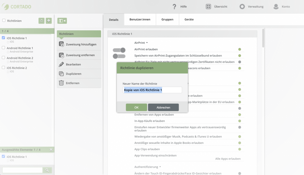 MDM management portal dashboard with device fleet overview and status indicators