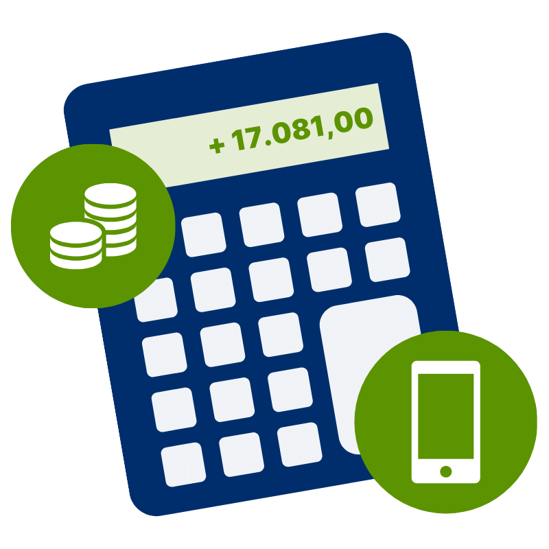 Calculator with icons of coins and a smartphone