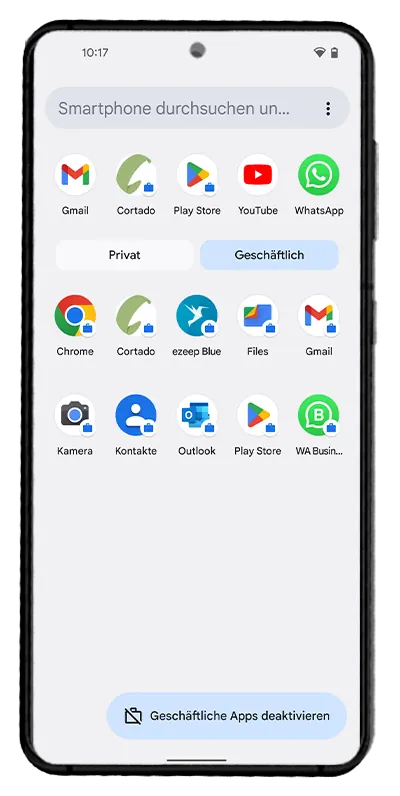 Android smartphone with active work profile tab
