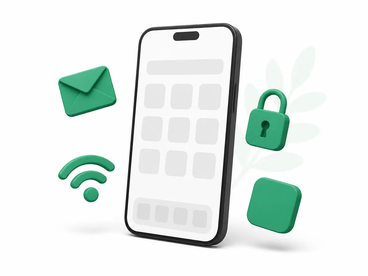 Illustration: Smartphone mit Apps sowie Symbolen für E-Mail, WLAN und VPN