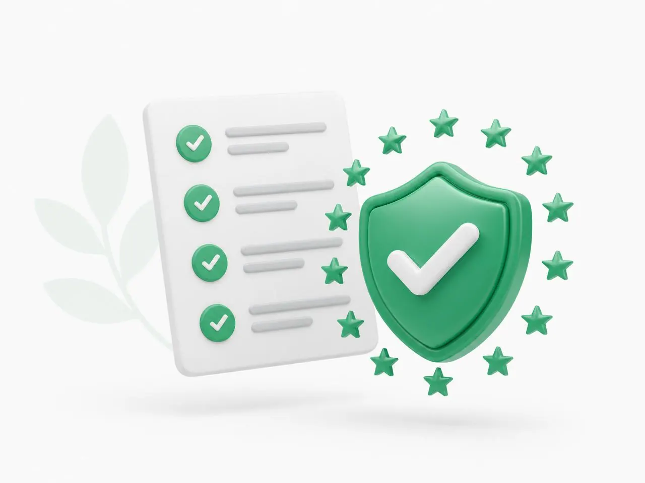 Illustration: Checkliste mit grünen Haken und Schutzschild mit Sternenkranz