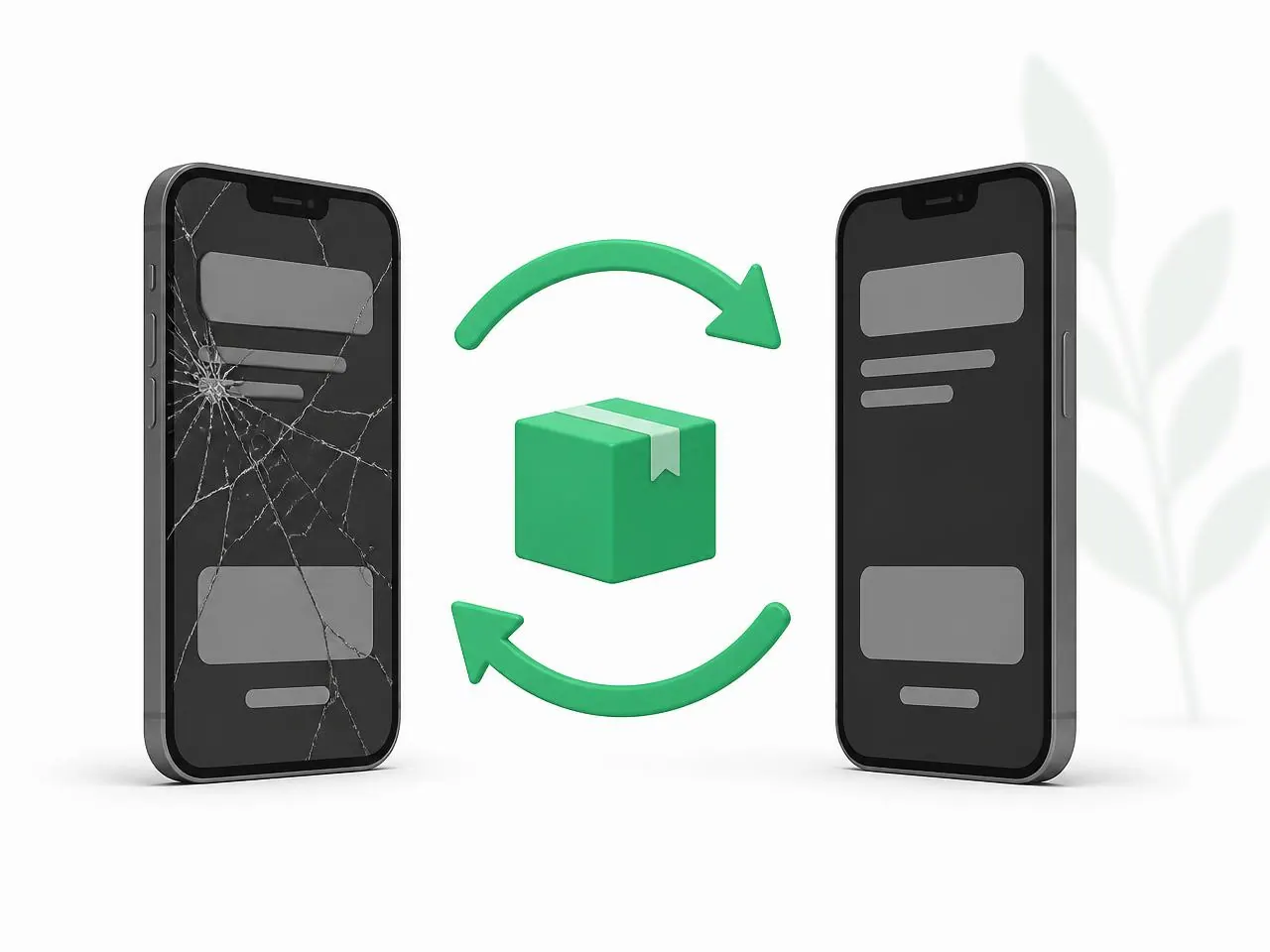 Illustration: Defektes Smartphone wird gegen ein neues Gerät getauscht