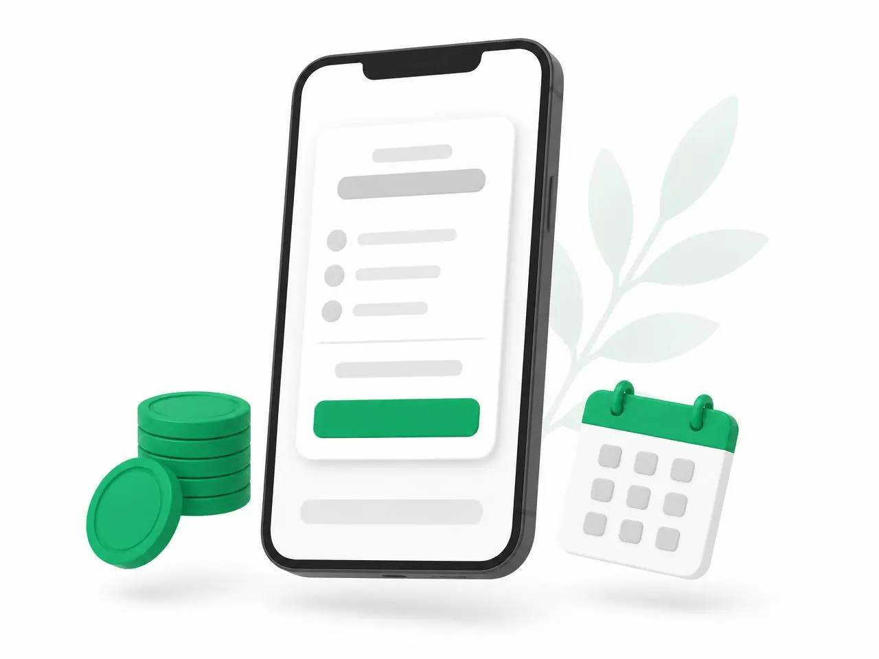 Illustration: Smartphone mit monatlicher Rate, Münzen und Kalender