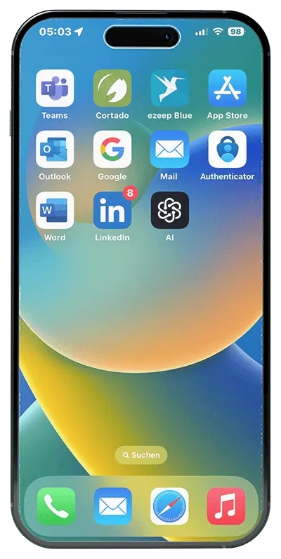 iPhone home screen with configured work apps