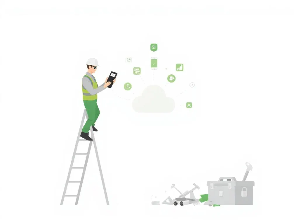 Tradesperson on a ladder receives apps and plans automatically on his tablet