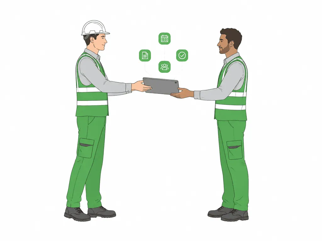 Two tradespeople hand over a shared tablet to each other