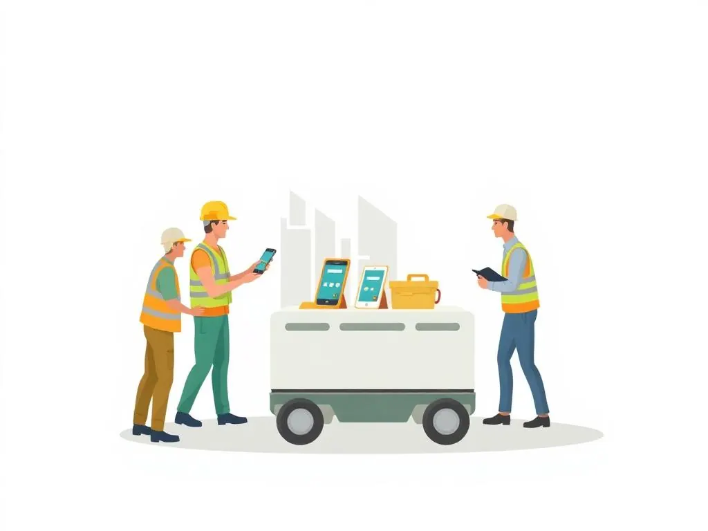 Construction workers receive fully set-up smartphones and tablets from a rollout cart