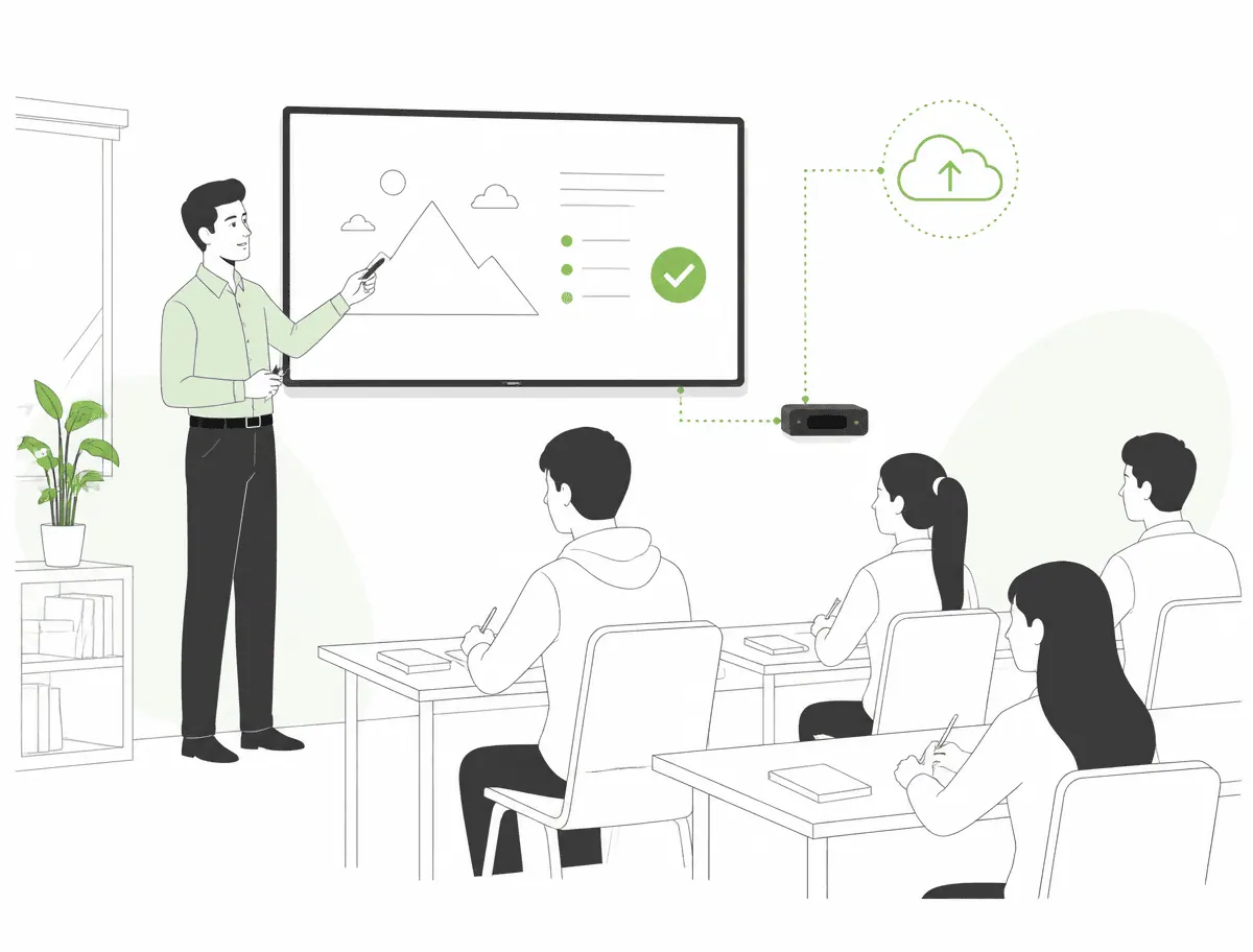 Lehrkraft präsentiert im Klassenzimmer drahtlos vom Tablet auf einen großen Bildschirm mit Apple TV