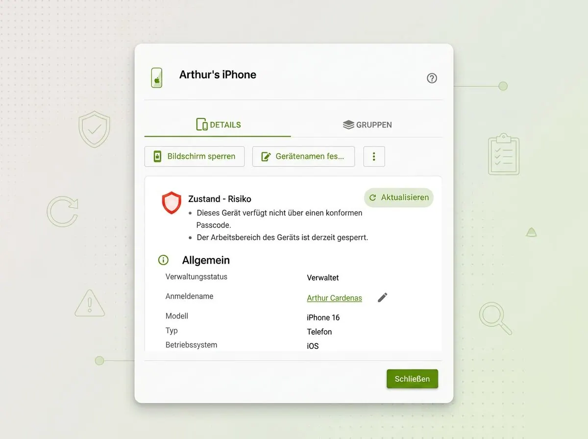 Cortado Gerätedetail „Arthur's iPhone“ mit Zustand-Risiko-Hinweisen und Verwaltungsstatus „Verwaltet“
