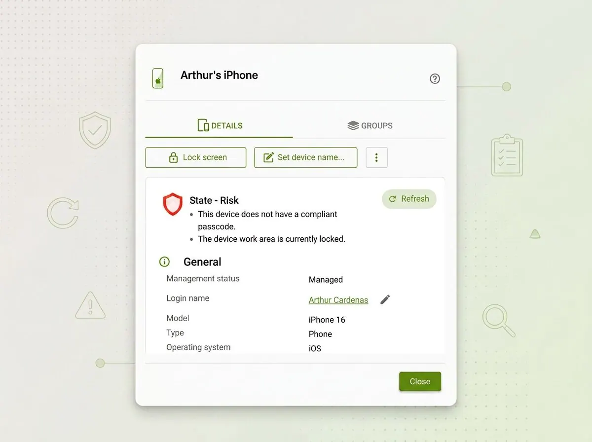 Cortado device detail “Arthur's iPhone” with risk status notes and management status “Managed”