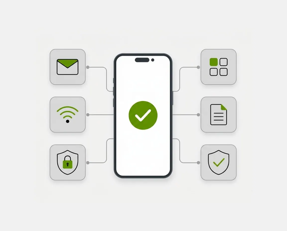 Abstract image of a smartphone connected to Exchange, Wi-Fi, VPN, apps, files, and security policies