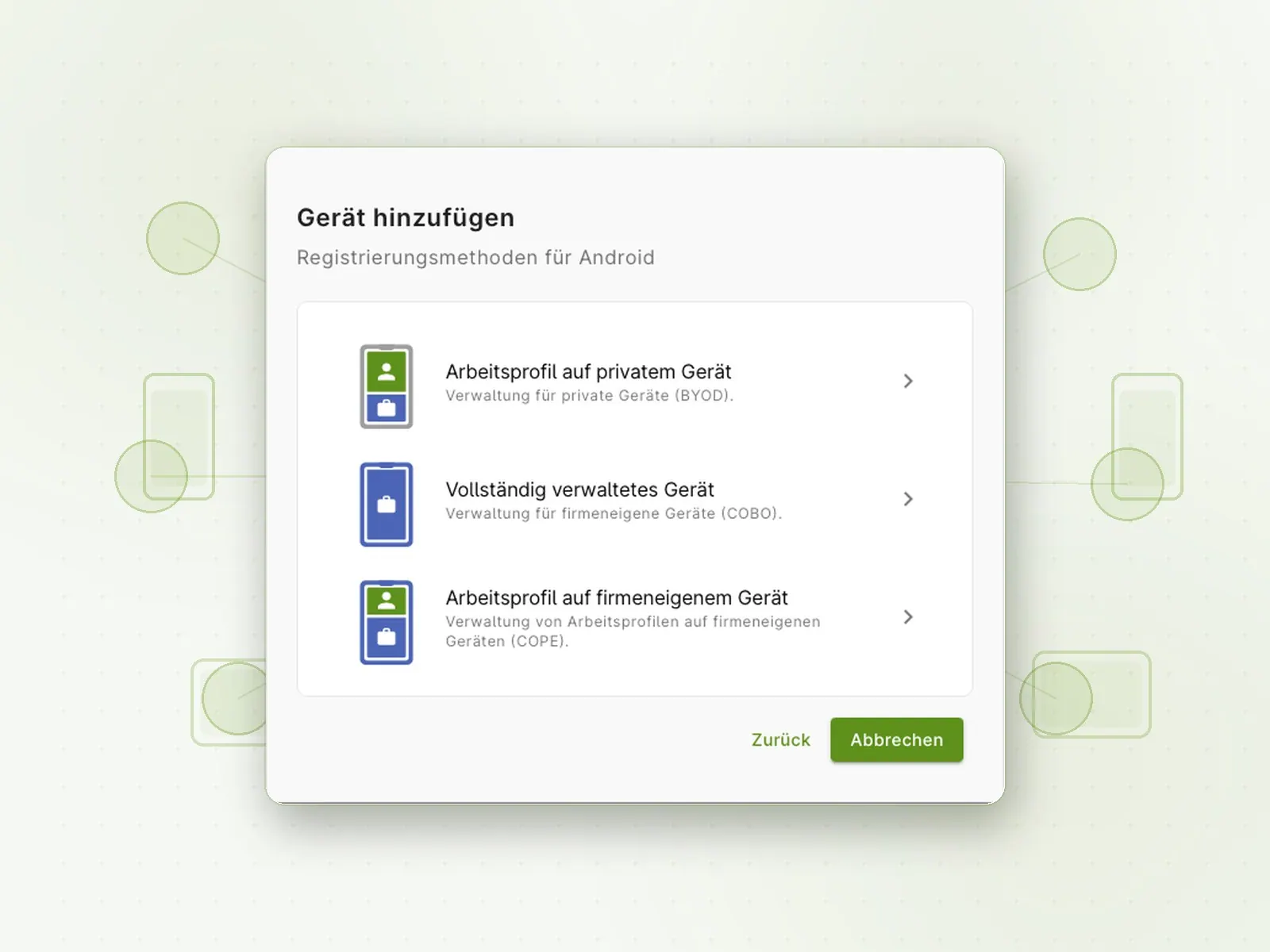 Cortado Registrierungsdialog „Gerät hinzufügen" mit den Android-Registrierungsmethoden BYOD, COBO und COPE