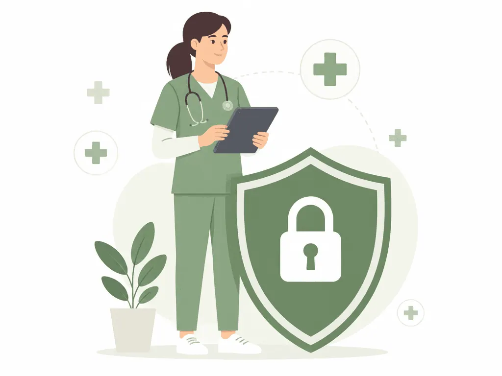 Nurse with tablet next to a green shield with a lock as a symbol for data protection