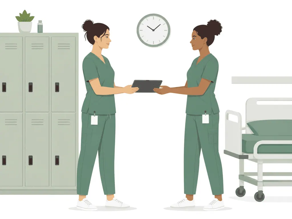 Two nurses hand over a shared tablet to each other during a shift change