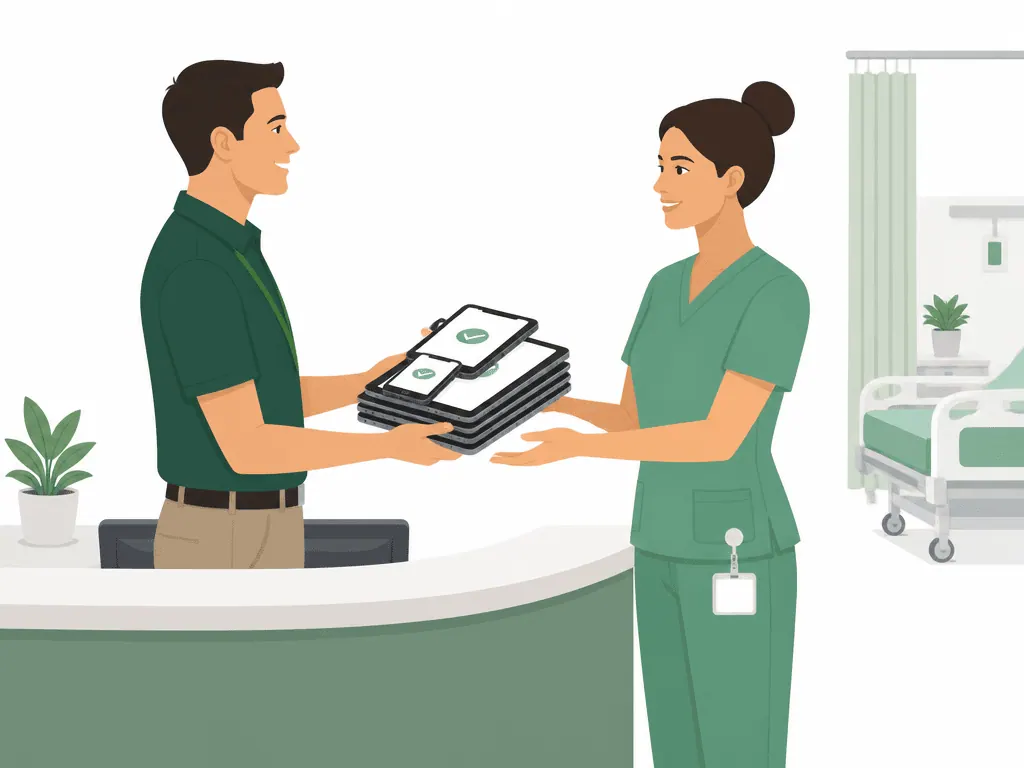 Nurse receives fully configured smartphones and tablets at the ward desk