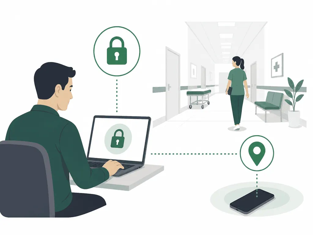IT employee remotely locks a lost smartphone, with a hospital hallway in the background