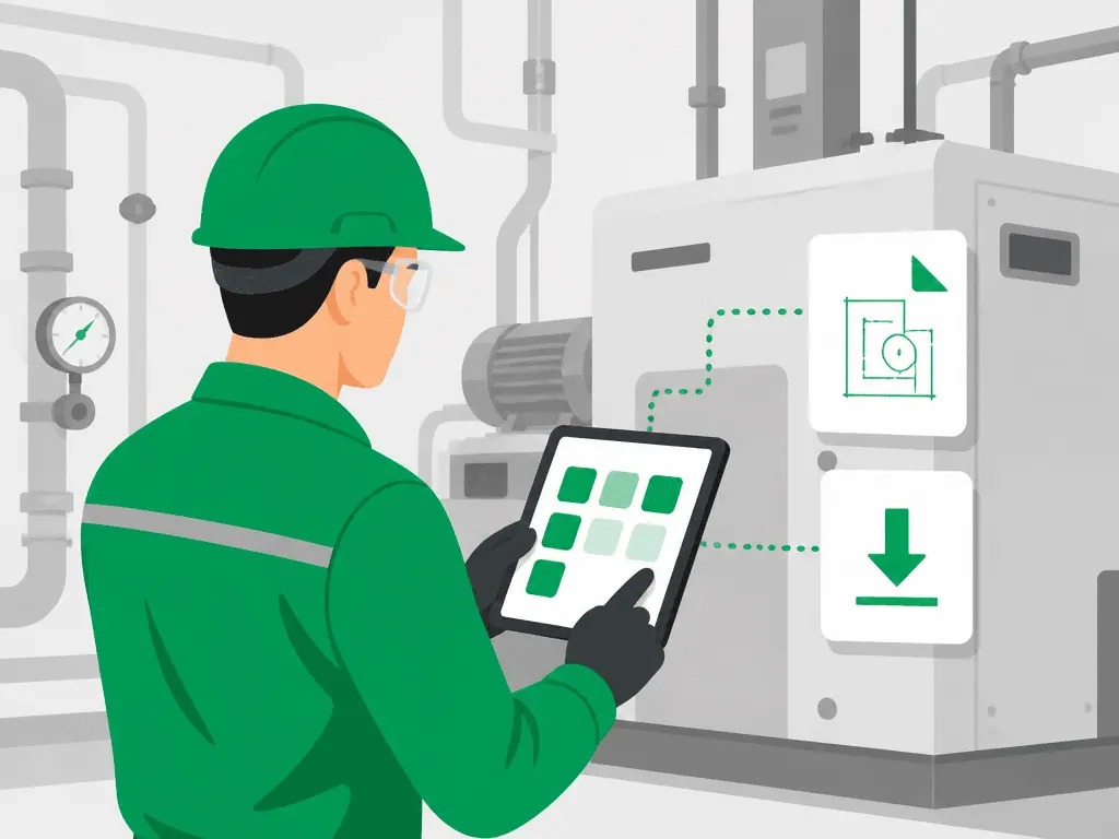 Maintenance technician accesses line-of-business apps and plans on a managed tablet at the machine