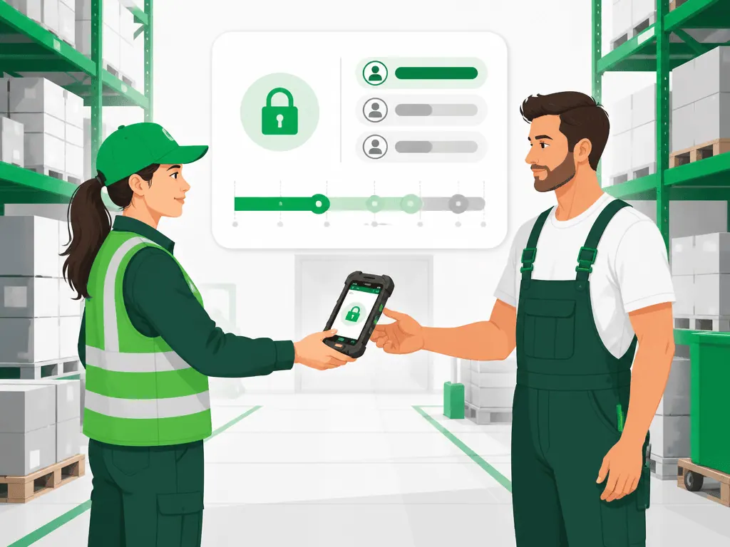 Handover of a rugged handheld scanner between two shifts in the warehouse