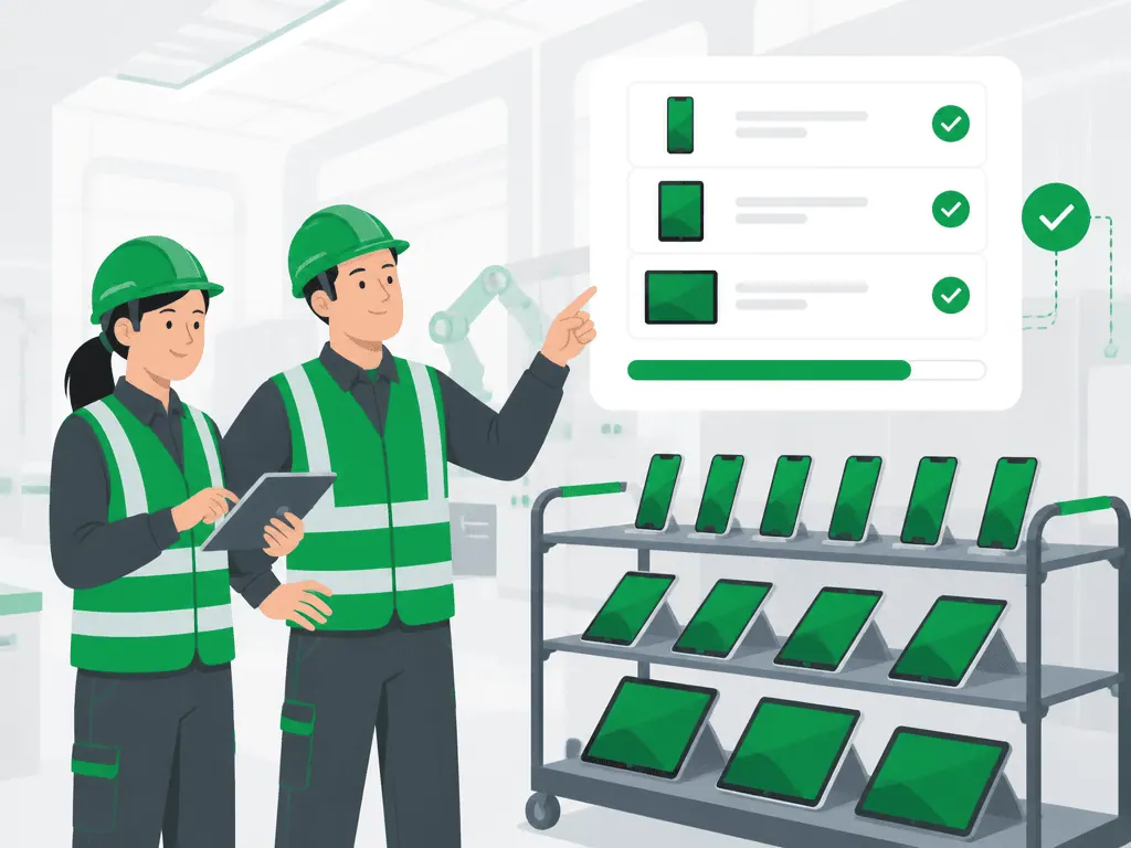 Production employees put a cart of new smartphones and tablets into operation automatically