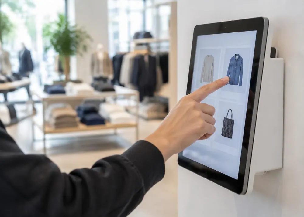 Wandmontiertes Tablet als Selbstbedienungsterminal im Einzelhandel