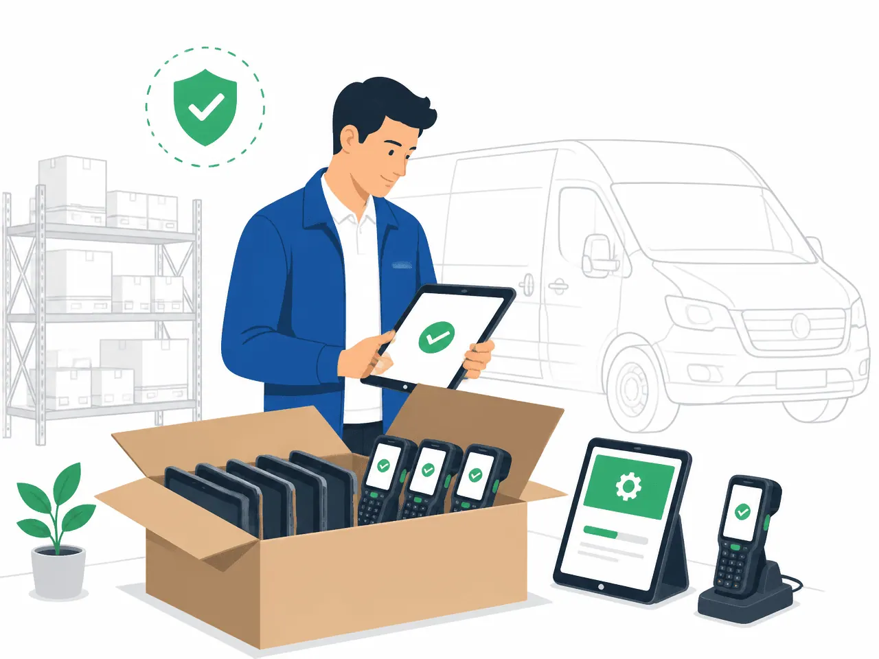 Warehouse employee unpacks new handheld scanners that set themselves up automatically