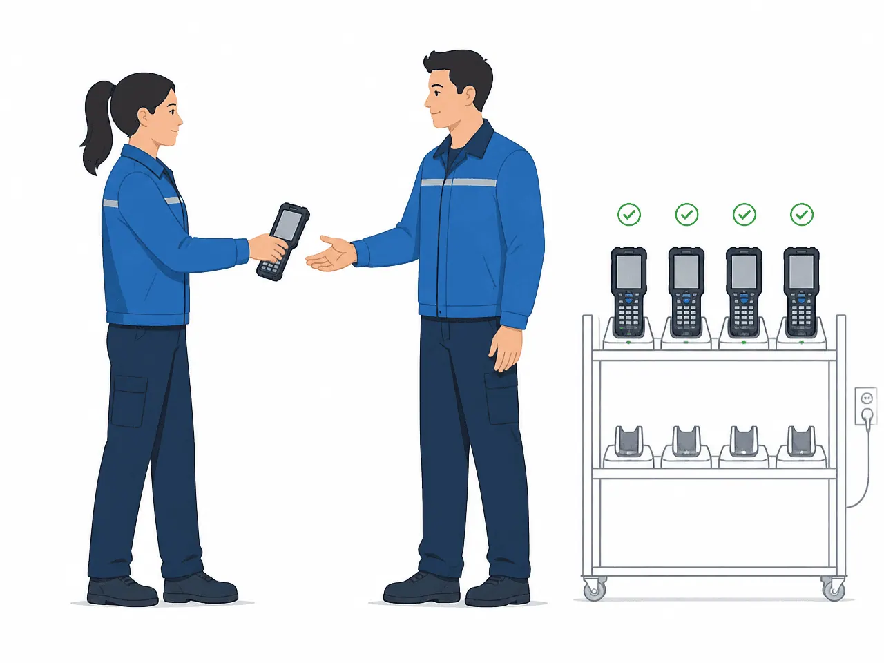 Two employees hand over a shared handheld to each other during a shift change