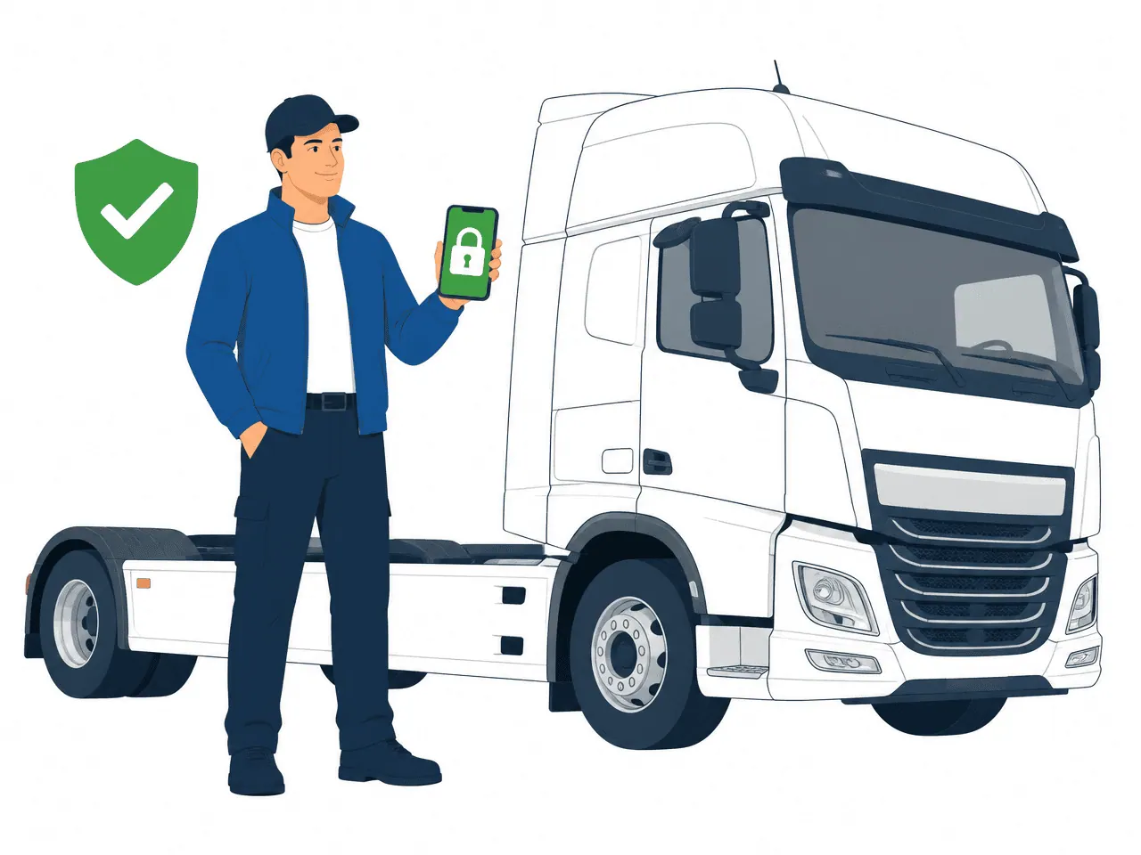 IT employee remotely locks a smartphone, with a driver at a delivery van in the background