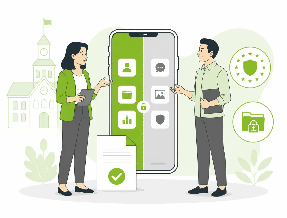 Two public administration employees discuss data protection and data separation on a work smartphone