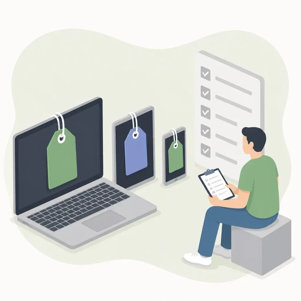 Devices with inventory labels and person with checklist
