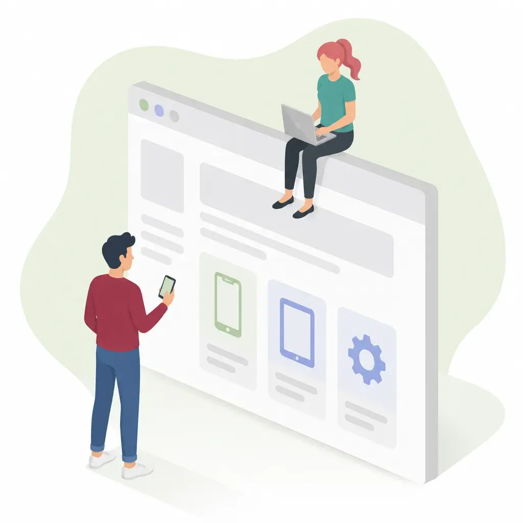 Administration portal with device tiles and two people