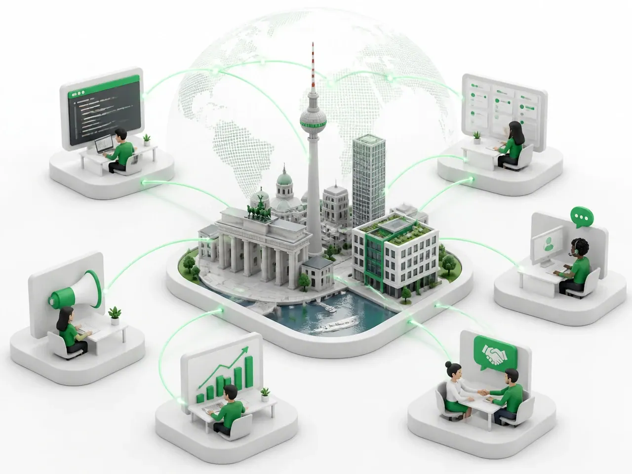 Illustration: internationales Cortado-Team aus Entwicklung, Produktmanagement, Consulting, Support, Vertrieb und Marketing rund um den Hauptsitz in Berlin